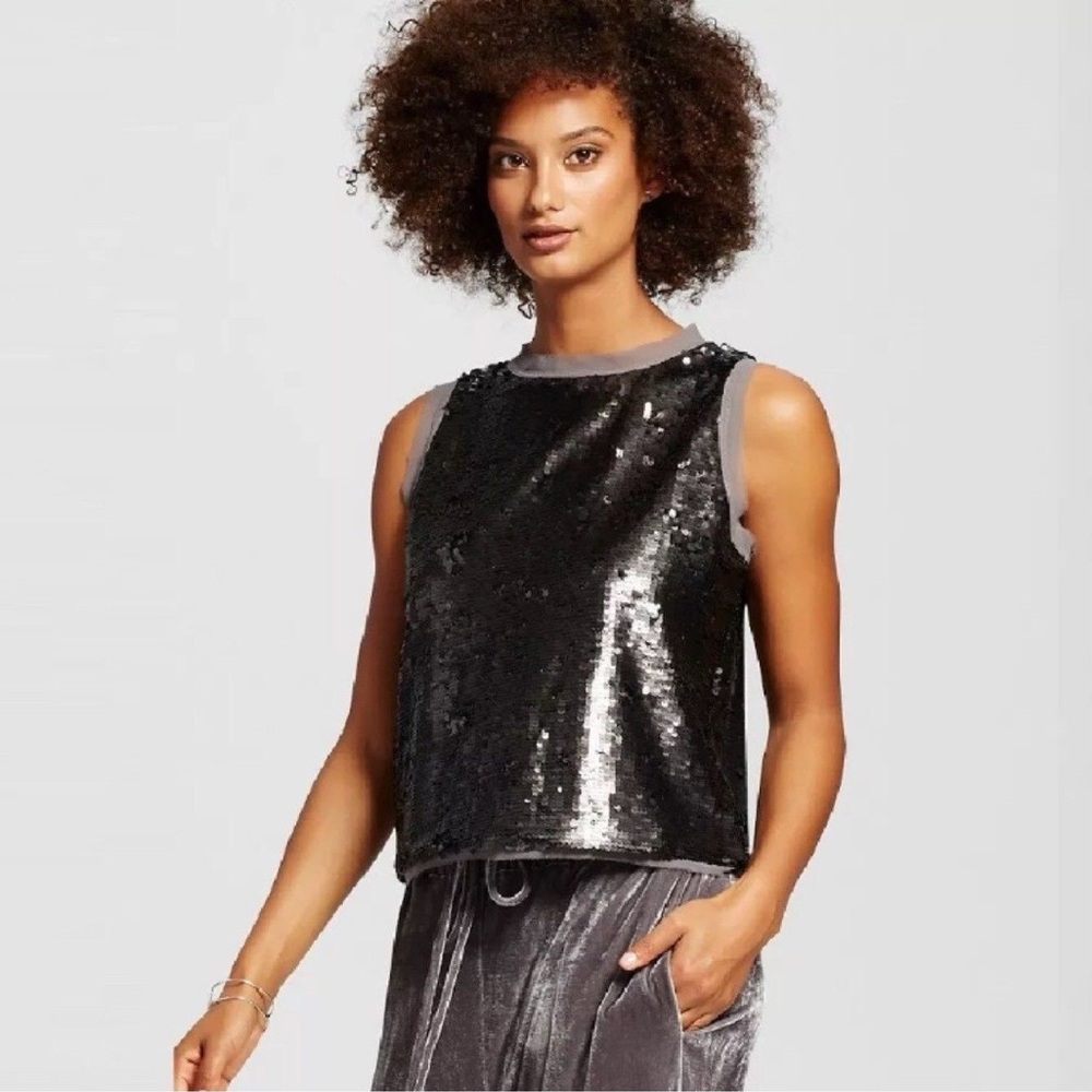 Metallic Sequin Tank Top Sheer Chiffon Trim Blouse Cocktail Party Boxy Blouse